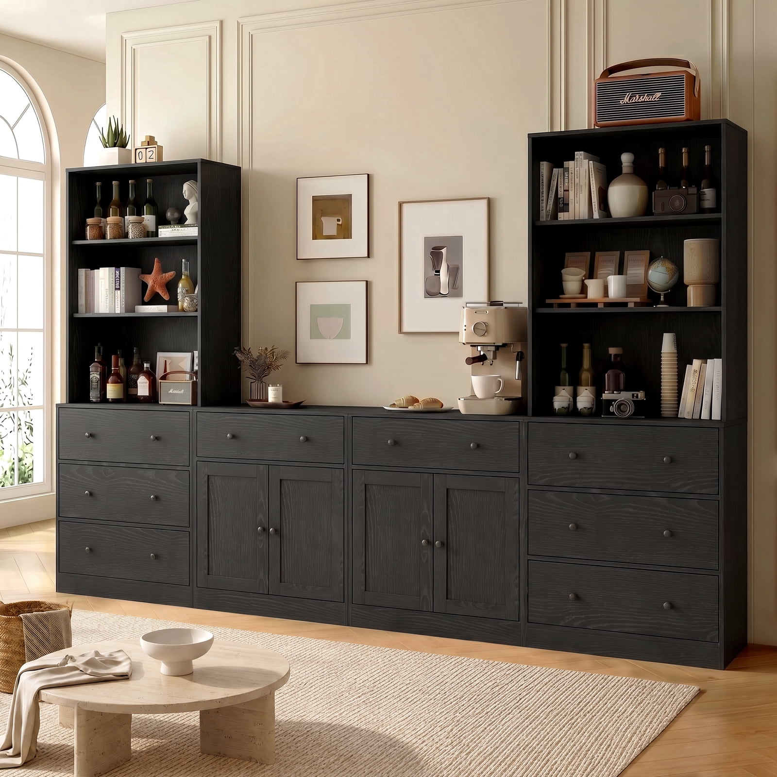 RichYa Kitchen Pantry Storage Cabinets,94.4''W Modular Furniture Cabinets with Hutch,Sideboard Buffet Cabinet with Doors and Shelves for Dining Room,Living Room,Black