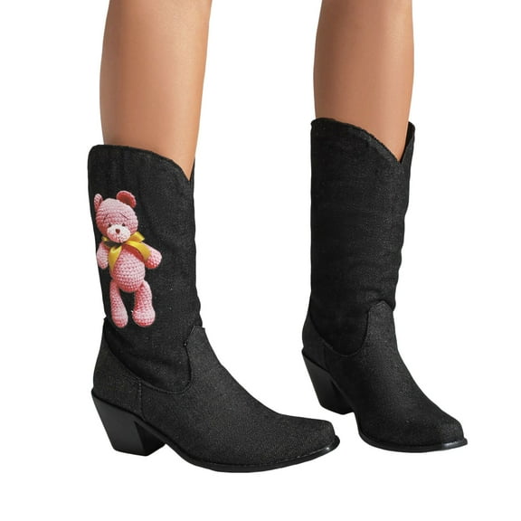 Bear Wide Mid Calf Cowgirl Boots for Women Fashion Cute Denim Pointed Toe Chunky Heeled Cowgirl Tall Boots