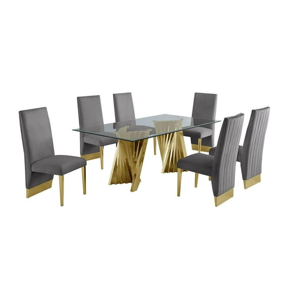 Clear Glass Dining Set with Table and 6 Gray Velvet Chairs