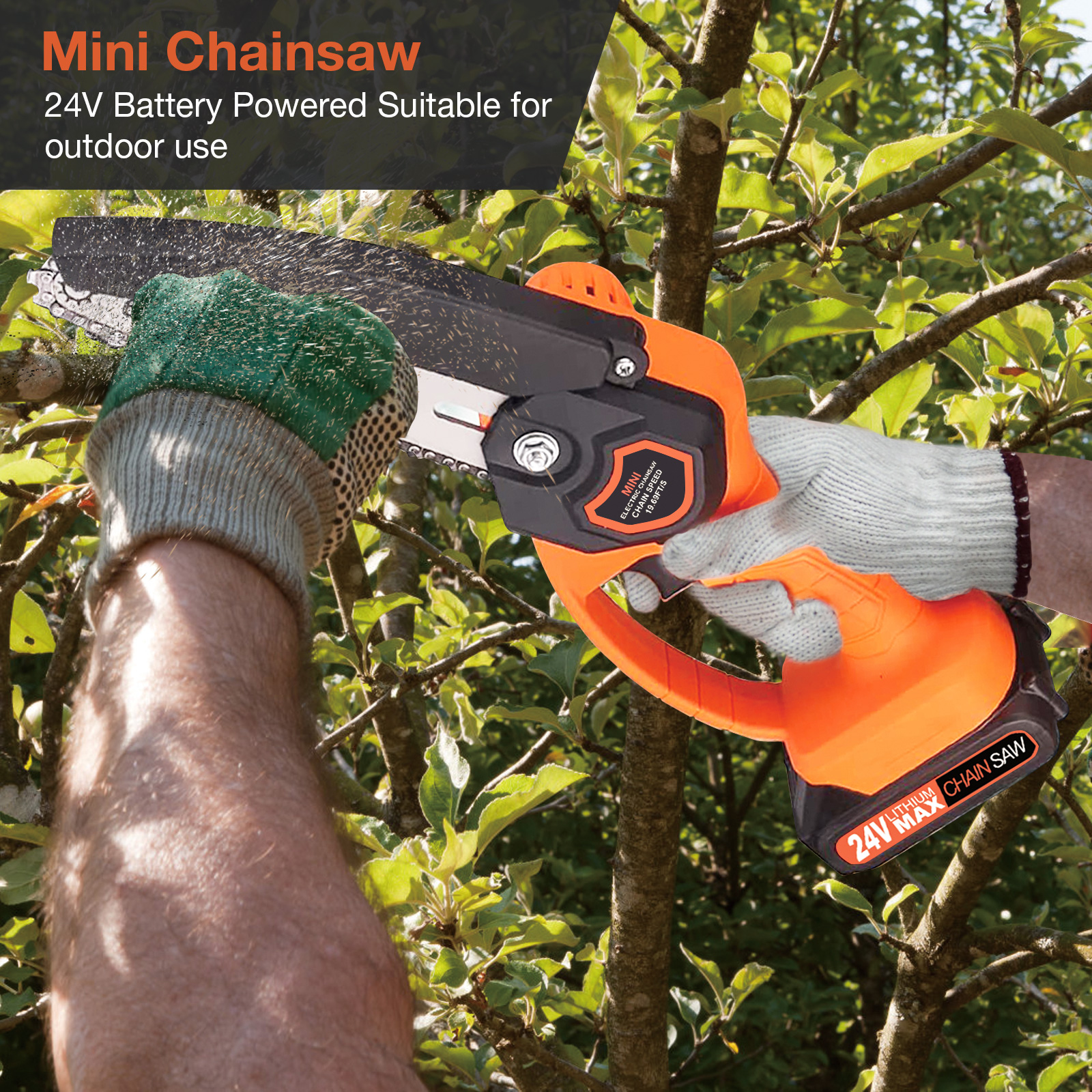 NEXPOW 6" Mini Chainsaw 24V Battery Powered Chainsaw ,with Safety Lock,with 2 Batteries 2 Chains, 6-inch Cordless Handheld Chain Saw Wood Cutter,Orange - image 2 of 8