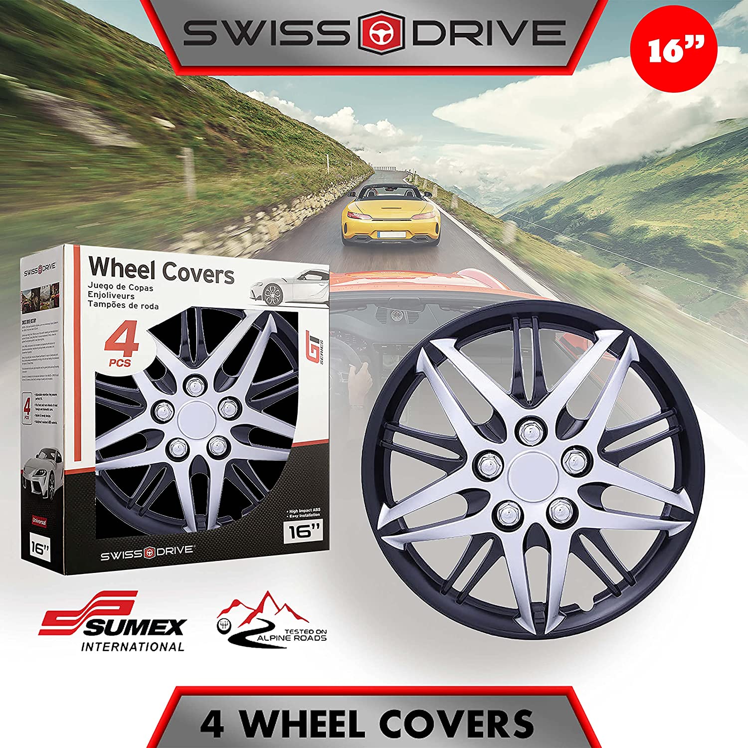 Swiss Drive Hub Caps Luxurious Baru Silver Black Durable and Reliable Automotive  Wheels Easy to Install Set of Car Wheel Hub Caps(Check Rim and Tire Size)  (16-Inch)