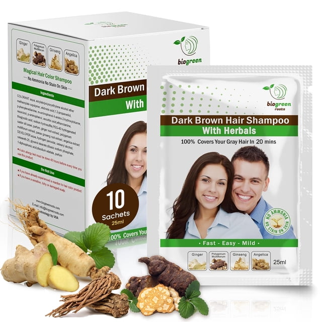 Biogreen Roots Champú para el cabello a base de hierbas sin amoniaco - Cubre eficazmente las canas para hombres y mujeres - Color natural y nutrición a base de hierbas - No mancha la piel - Marrón osc