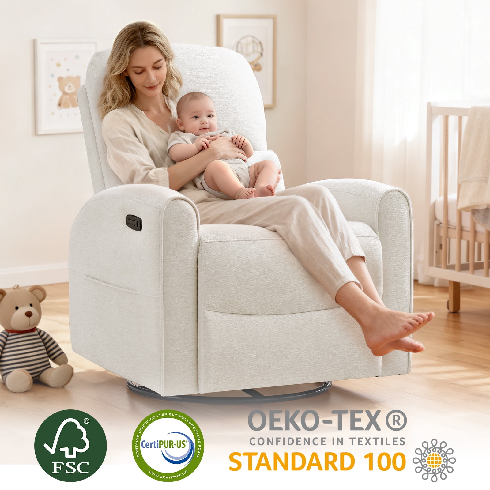 Aemeios Power Recliner Swivel Rocker Glider Chair Chenille Nursery Recliner, White