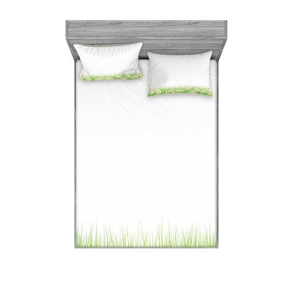 Ambesonne Floral Fitted Sheet & Pillow Sham Set, Daisies in the Grass, Full, Green White Yellow