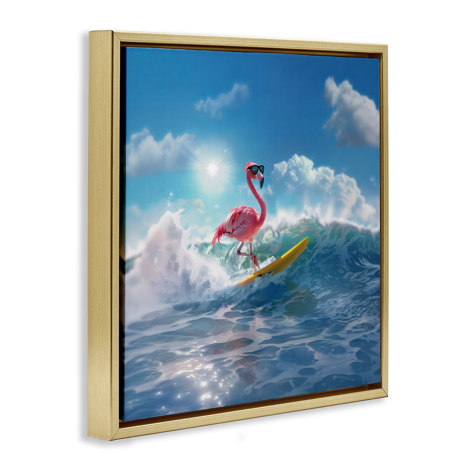 Stupell Industries Flamingo Surfing White Caps Nautical & Beach Painting Gold Floater Framed Canvas Art Print Wall Art, 25 x 25