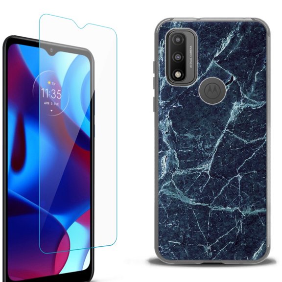 Slim-Fit Protective Phone Case (Black) compatible with Motorola Moto G Pure 5G, with Tempered Glass Screen Protector, by OneToughShield ® - Marble / Blue