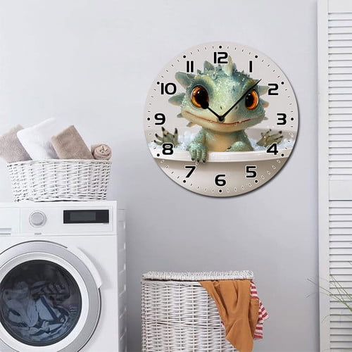 ZXCXRQFa Silent Clocks Cute Baby Dinosaur In Bathtub 10" Retro Vintage Clock Non-Ticking Silent Wood Wall Clocks Battery Operated Decor Retro Design for Kitchen/Living Room/Bedroom/Farmhouse