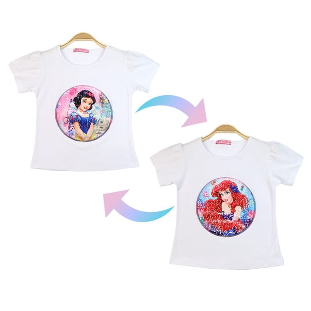 Camiseta de verano de Disney para niña, disfraz de 1 pieza de lentejuelas que cambian gráficos, Blancanieves, Ariel, sirena, algodón, informal para niños, Kids7T Gao Jinjia LED