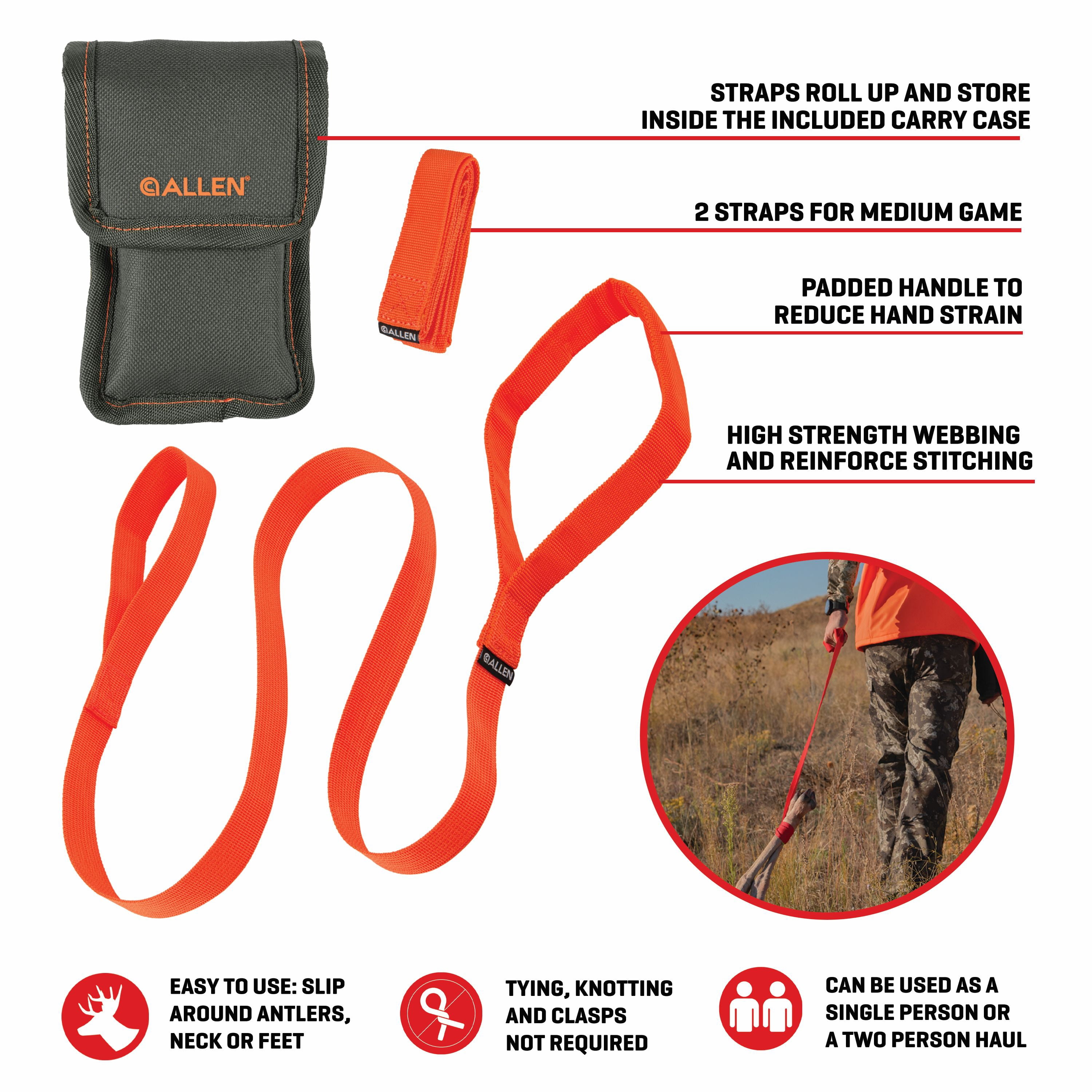 Allen Company Pack-Away Deer Drag Kit - 2 Padded Straps with Carrying Case - Orange