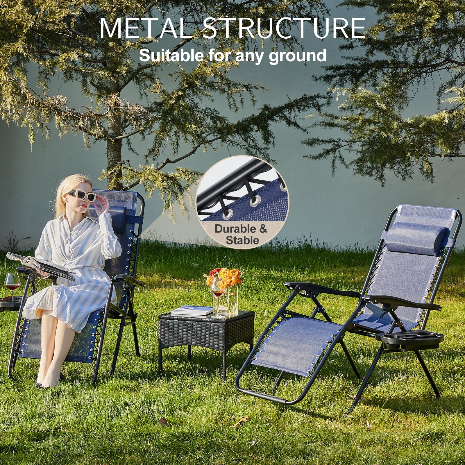 MAYEERTY Set of 2 Zero Gravity Chair Outdoor Lounge Chair，Suitable for Beach Terrace Pool Patio, Blue