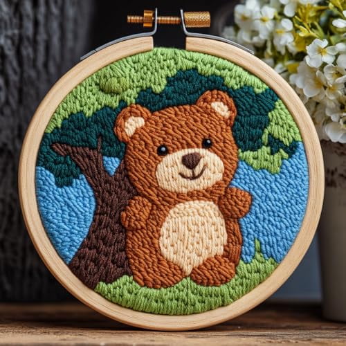 DIY Punch Needle Kits Cartoon Cute Brown Bear Embroidery Punch Needle Starter Craft with Hoop Easy for Beginners for Festival t and Decoration 20x20cm-3