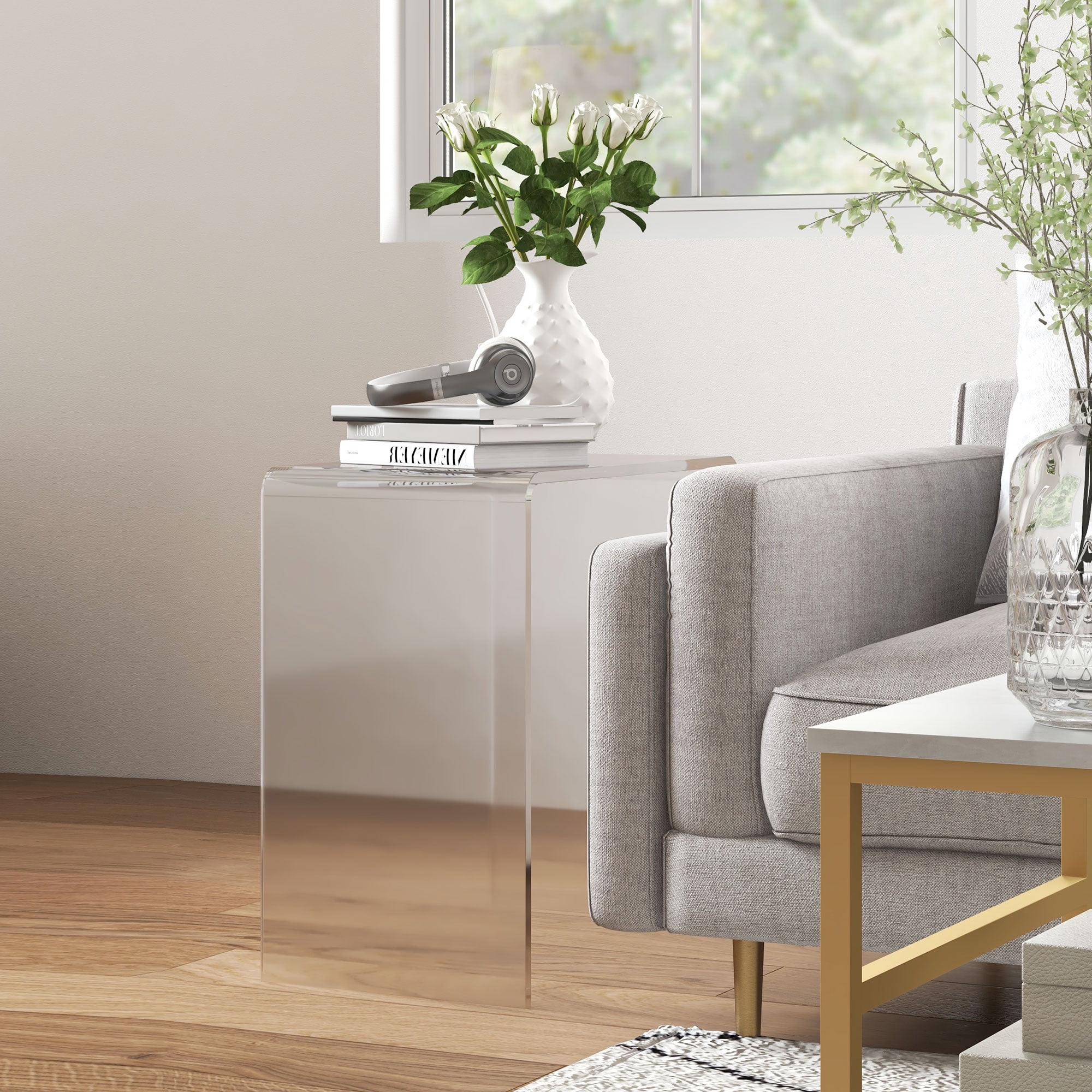 HOMCOM Clear Acrylic Side Table Waterfall End Table with Rounded Edges