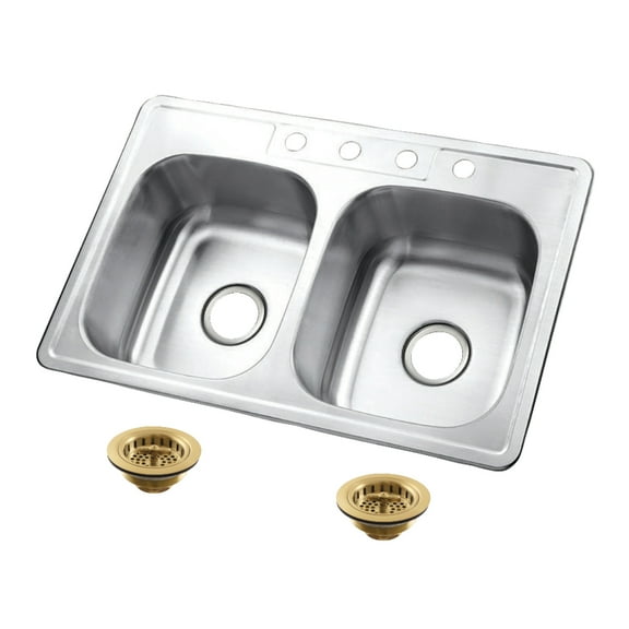 Kingston Brass Studio KGKTD332277 33" Stainless Steel Self-Rimming Double Bowl Drop-In Kitchen Sink with 4-Hole Drain and Strainer, Stainless Steel/Brushed Brass