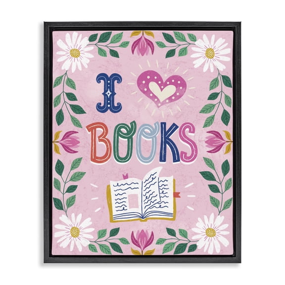 Stupell Industries Bohemian Floral I Love Books Black Floating Frame Canvas Art, 17 x 21, by Vanessa Stoilova