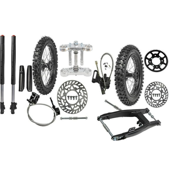 Front 60/100-14 & Rear 80/100-12 Wheel Tire Rim with 15mm Bearing & Swingarm & Front Forks Assembly &420 53T Sprocket & Brake Assembly for Dirt Pit Bike XR70 Apollo SSR 110cc 125cc