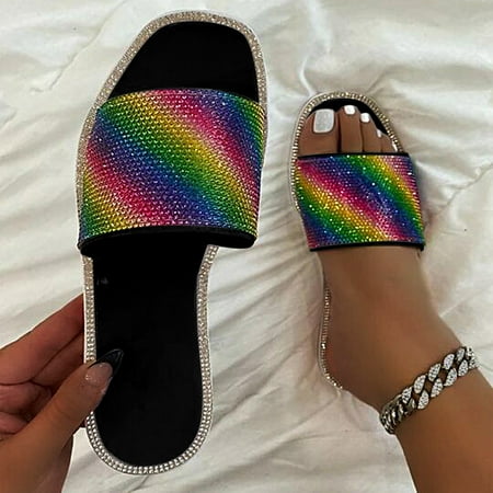 

ãYilirongyummã Black 40 Slippers For Women Summer Slippers On Shoes Toe Outdoor Rainbow Flat Women s Slip Round Women s Slipper