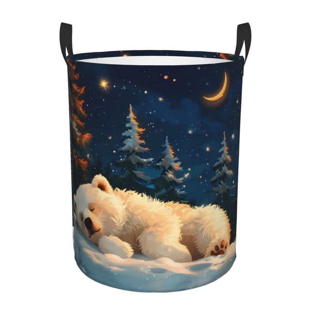 Balery Starry Sky Sleep White Bear Cesta de ropa redonda con asas, impermeable, independiente, para ropa, juguetes, dormitorio y familia-Medium