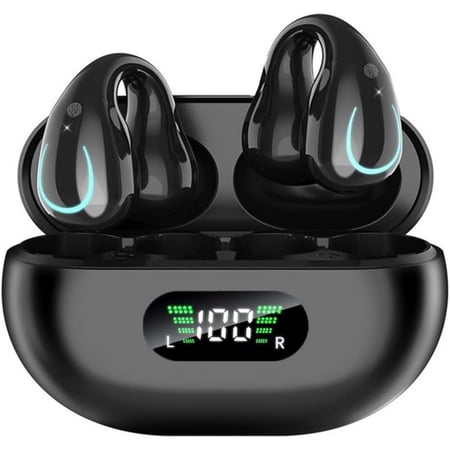 Bluetooth 5.3 Headphones Open Ear Clip Wireless Earbuds with LED Display Charging Case IPX7 Waterproof Sports Earphones Built-in Mic for Fitness Running Yoga Workout Black