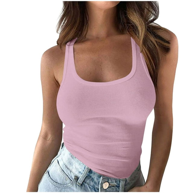 Olyvenn Womens Plus Size Tank Tops Ribbed Stretch Tanks Top Sleeveless Square Neck Shirts Cami Solid Tanks Going Out Tunics Pink XXXXL