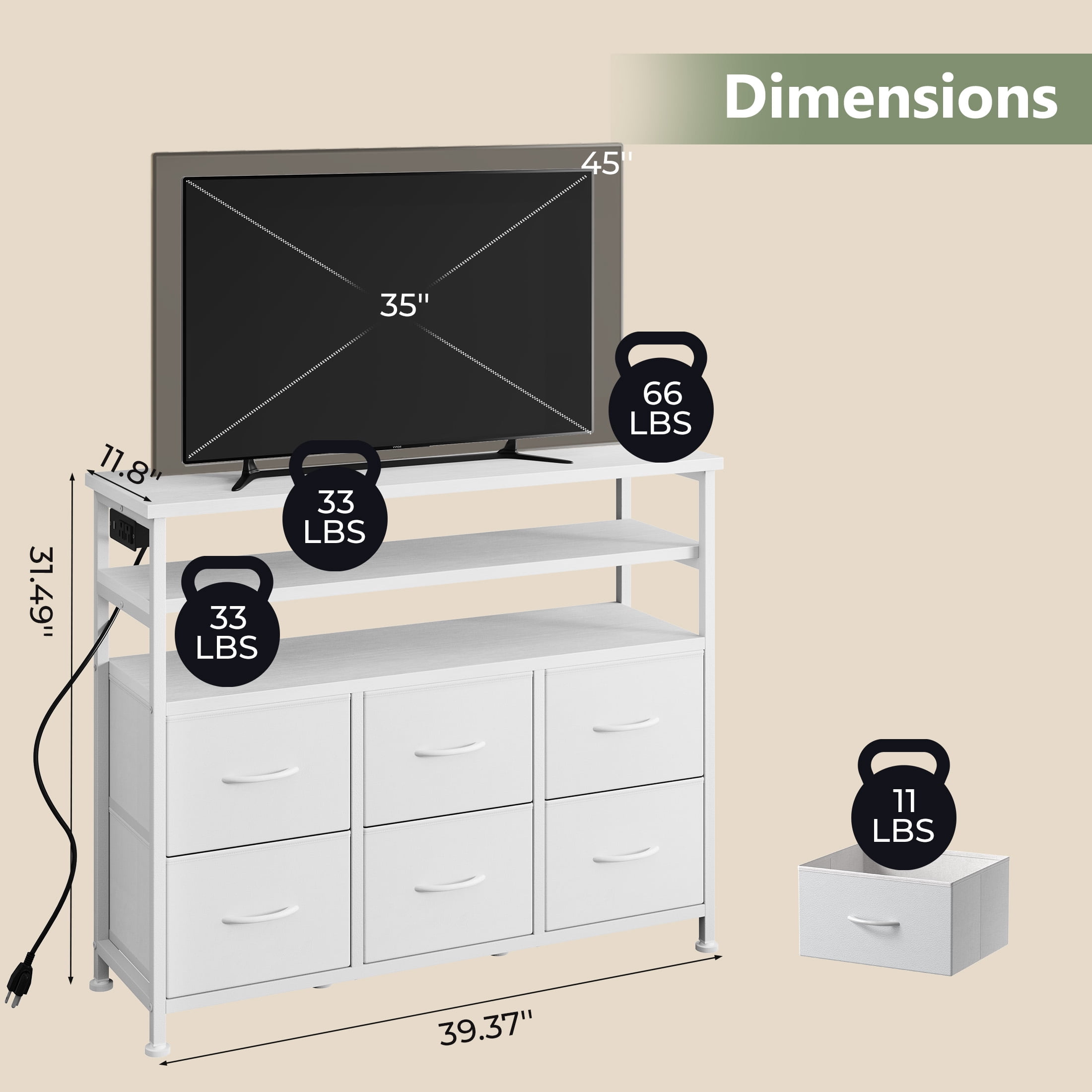 CONCETTA TV Stand for 45 Inch TV, 6-Drawer Dresser with 3-Tier Open Shelves, LED Lights, Charging Station, Wood Top Entertainment Center for Bedroom, Living Room, Hallway, White