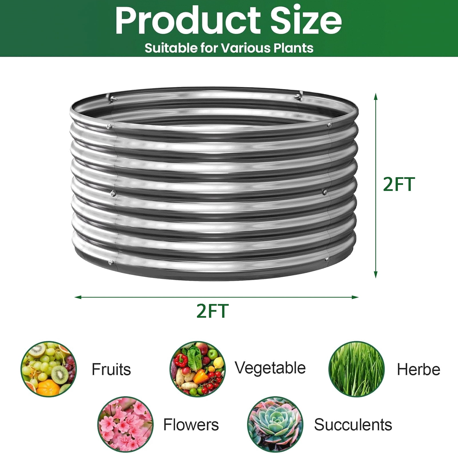 CATMANOR 4 Pack 2FT Length Round Galvanized Raised Garden Bed Outdoor,Metal Garden Bed for Vegetables,Steel Raised Beds for Gardening,Above Ground Garden Box for Flower