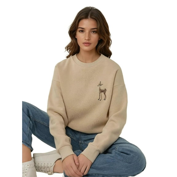 Comfort Animal Pattern Embroidered Raised Crew Neck Sweatshirt