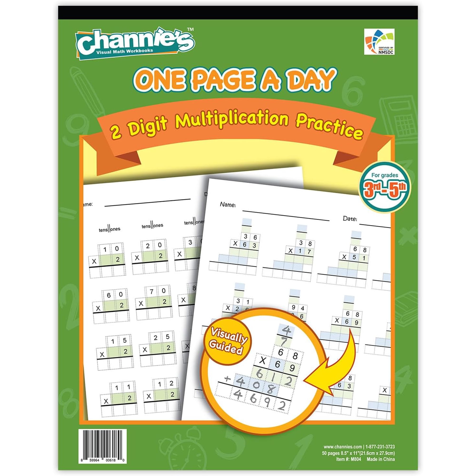 Channie's One Page A Day Workbook, Double Digit Multiplication Math Practice Worksheets, 50 Pages, 8.5" x 11"