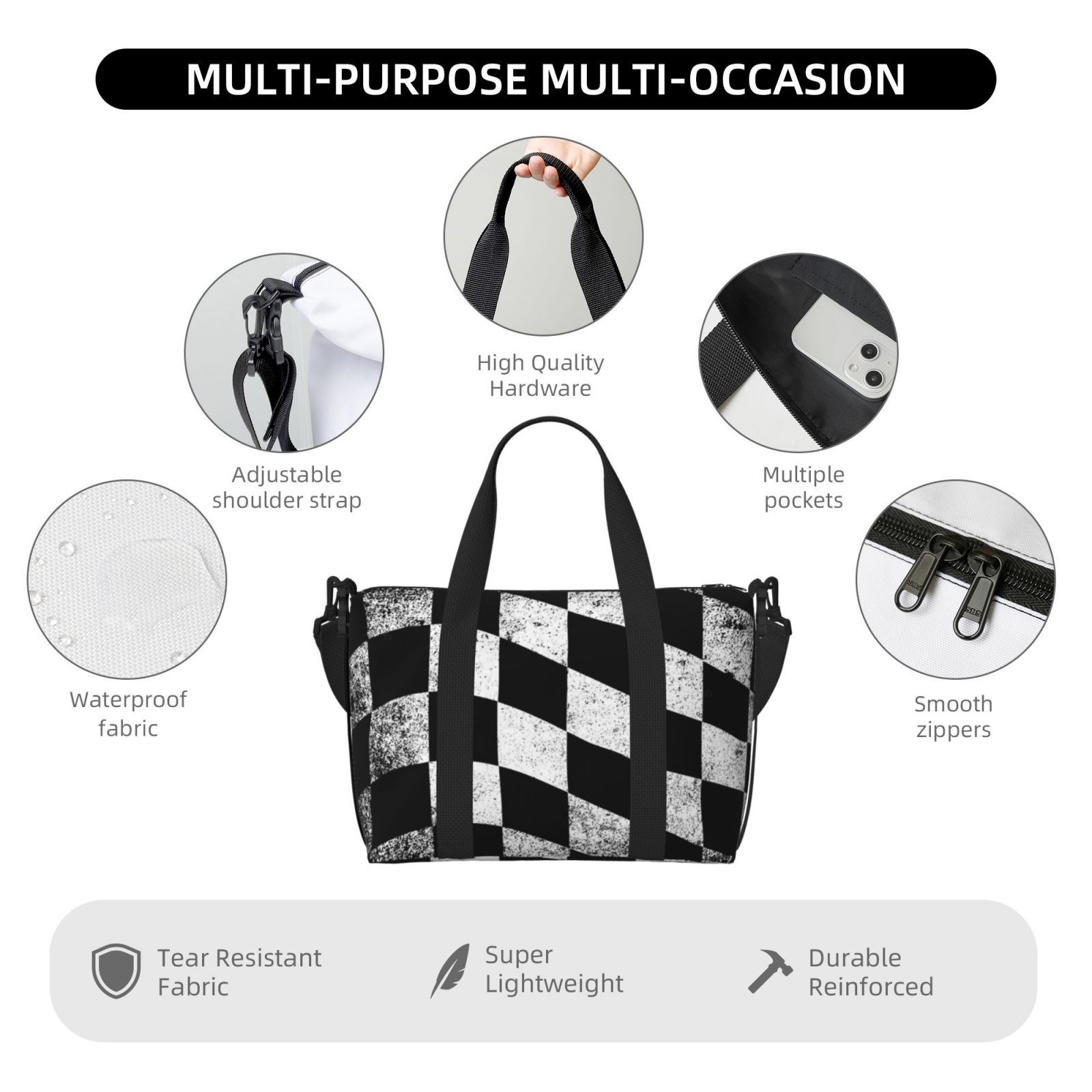 Travel Duffel Bag Checkered Flag Sports Tote Gym Bag Shoulder Weekender Overnight Bag For Women Men