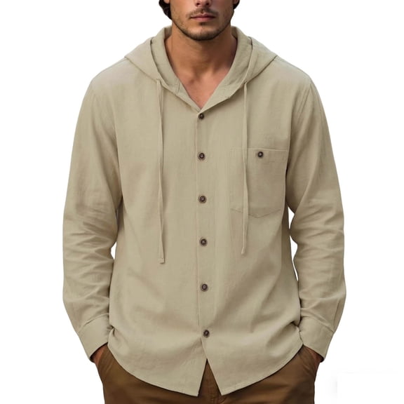 UTSJKR Men's Drawstring Hood Linen-Blend Long Sleeve Button-Down Shirt, Casual Beach Top, Summer Vacation Outdoor Daily Relax Wear Khaki S