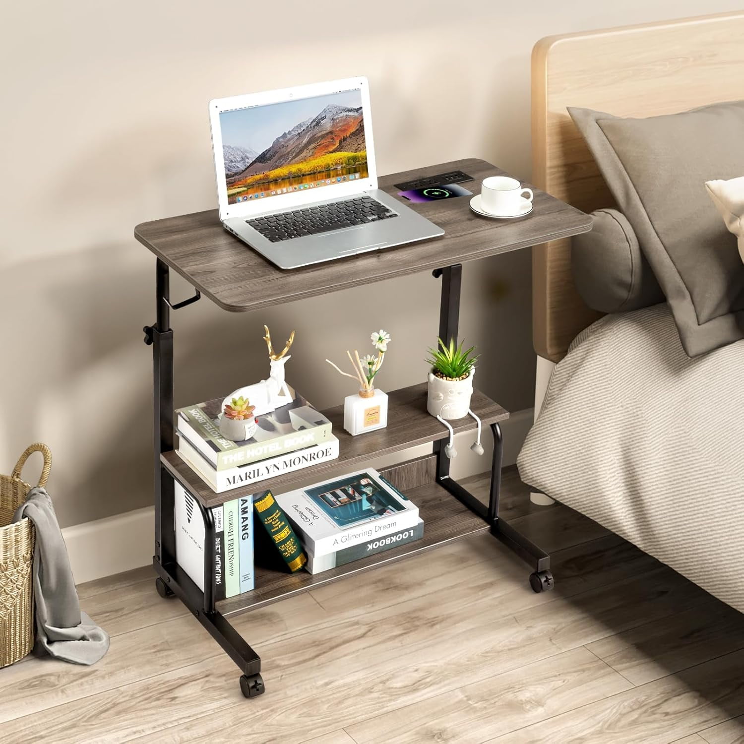 FCH 31.5" Mobile Small Standing Desk, Adjustable Height Mobile Computer Desk, w/2 AC Outlets + 3 USB Ports & Hooks, Storage Shelves, Suitable for Gaming, Studying, Home Office, Gray