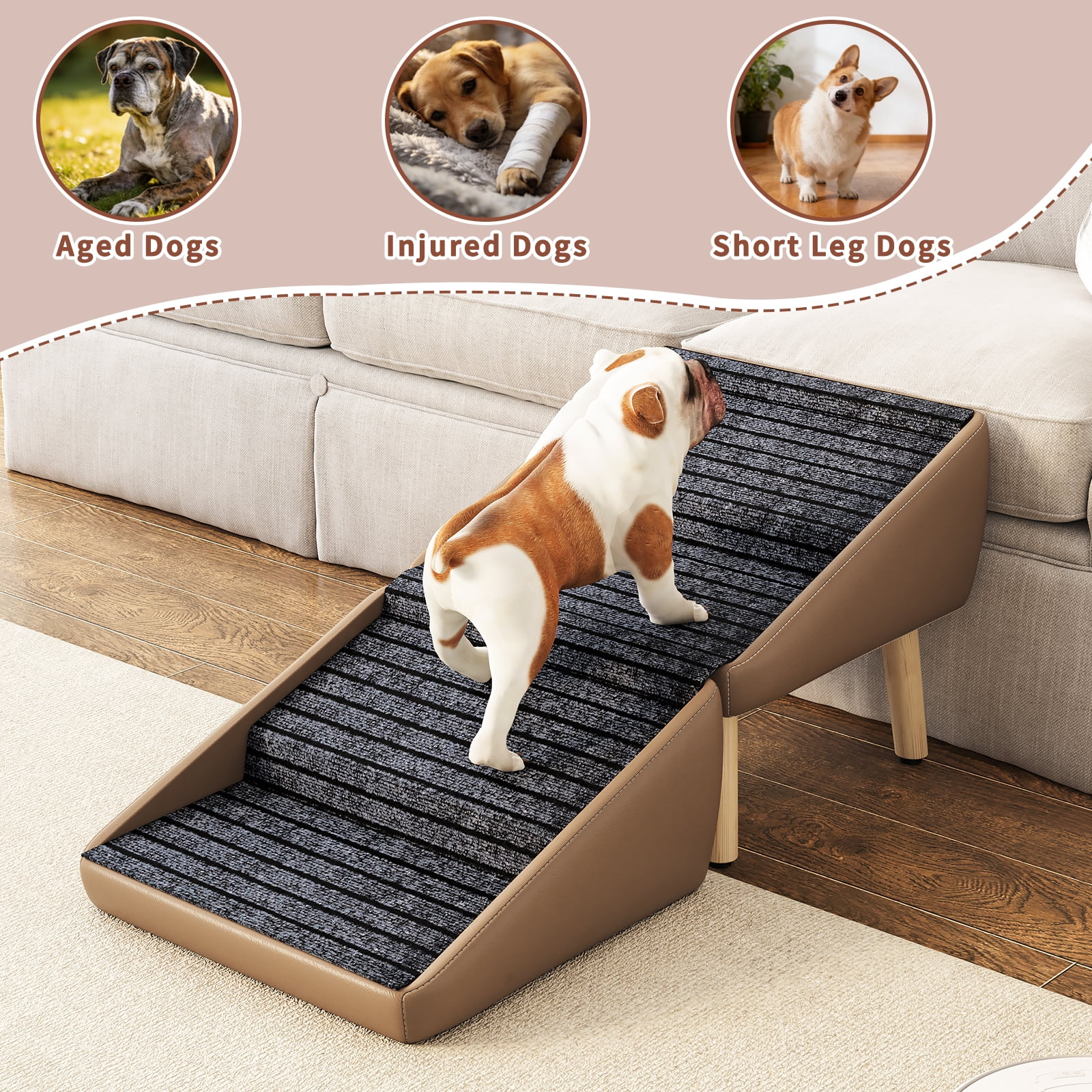 2-in-1 Foldable Dog Stairs & Ottoman, Wooden Non-Slip Pet Steps for Small Dogs, Gradual Slope Pet Ramp for Couch Bed, Furniture-Style Pet Stairs for Puppy Senior Injured Dogs