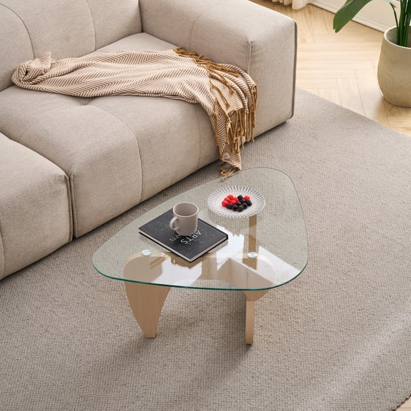 Sumdeal Mid-Century Glass Coffee Table, Walnut Brown Wood Base, Rectangular Living Room Center Table, 35.82x25.59 in