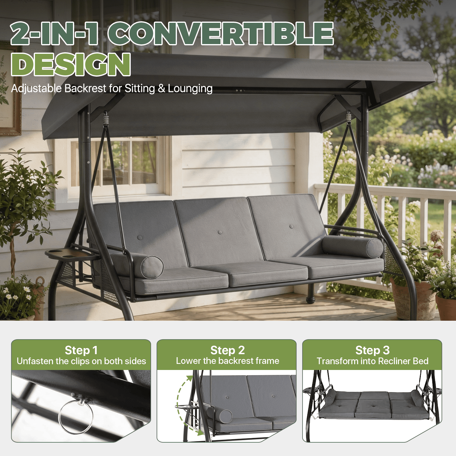 BaPiPro Gray 3-Seat Metal Outdoor Patio Swing with String Lighting, 2-in-1 Convertible Swing Bed, Adjustable Canopy, Removable Cushions & Foldable Side Table for Garden Porch Deck