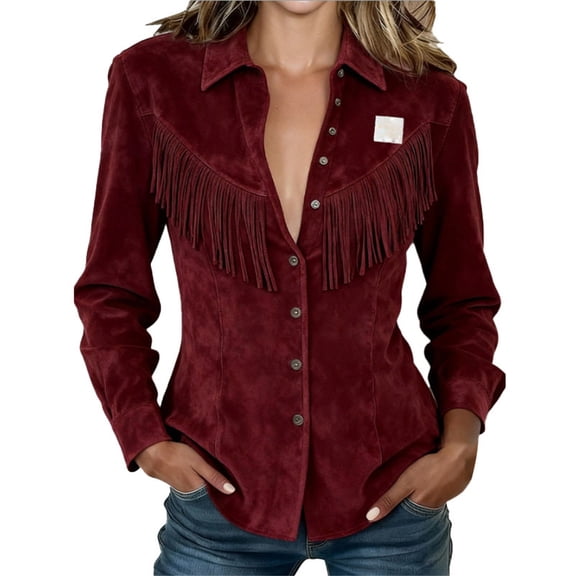 Women's Western Cowgirl Suede Shirts Vintage Button Down Slim Fit Fringe Shirts Tops,Long Sleeve Shirts for Women Solid Color Suede Fringe Western Tassel V Neck Spring Shirt Tops Summer Casual L