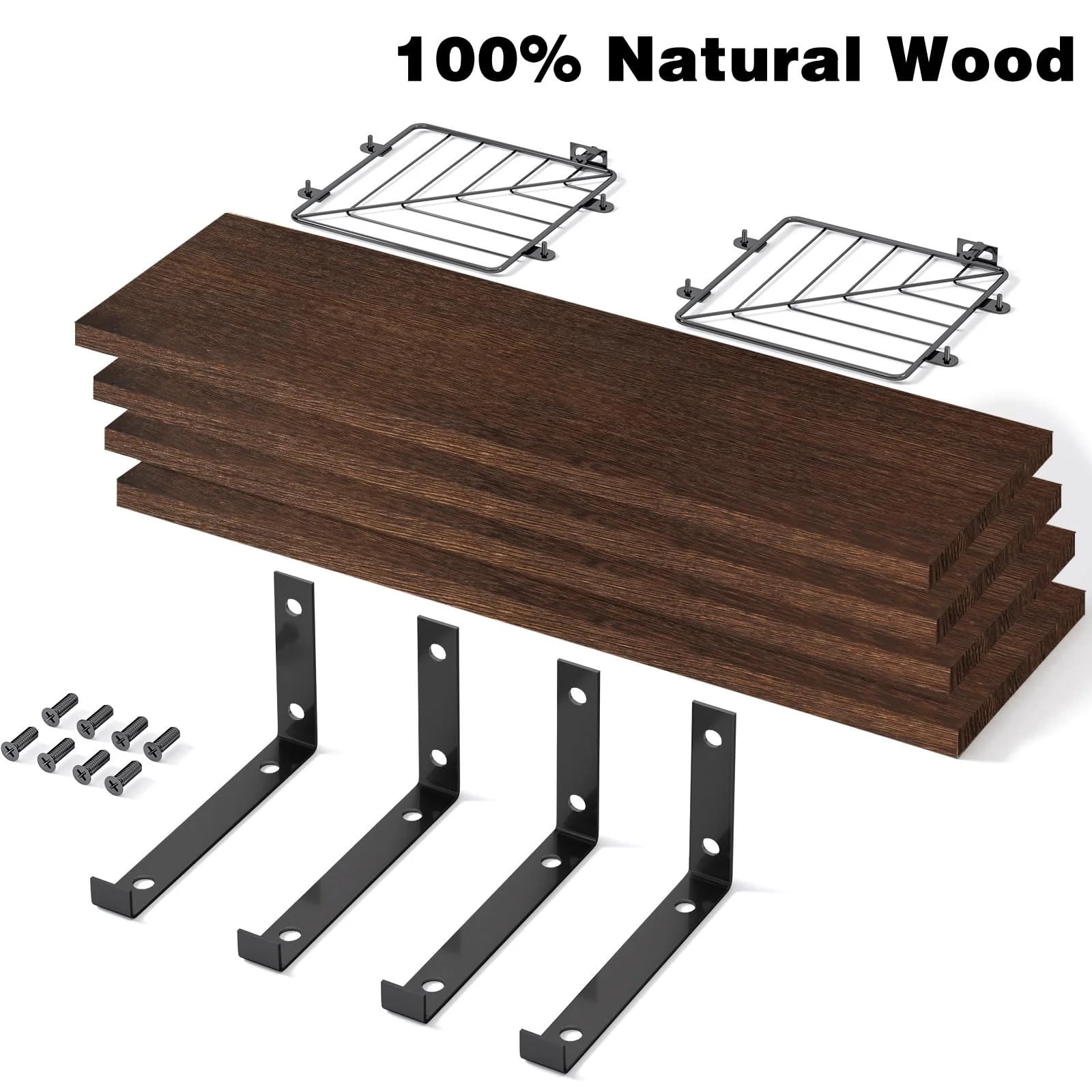 TEAFIRST Floating Shelves, 4 Tiers 15.8in Rustic Wood Wall Decor for Bathroom, Living Room, Brown