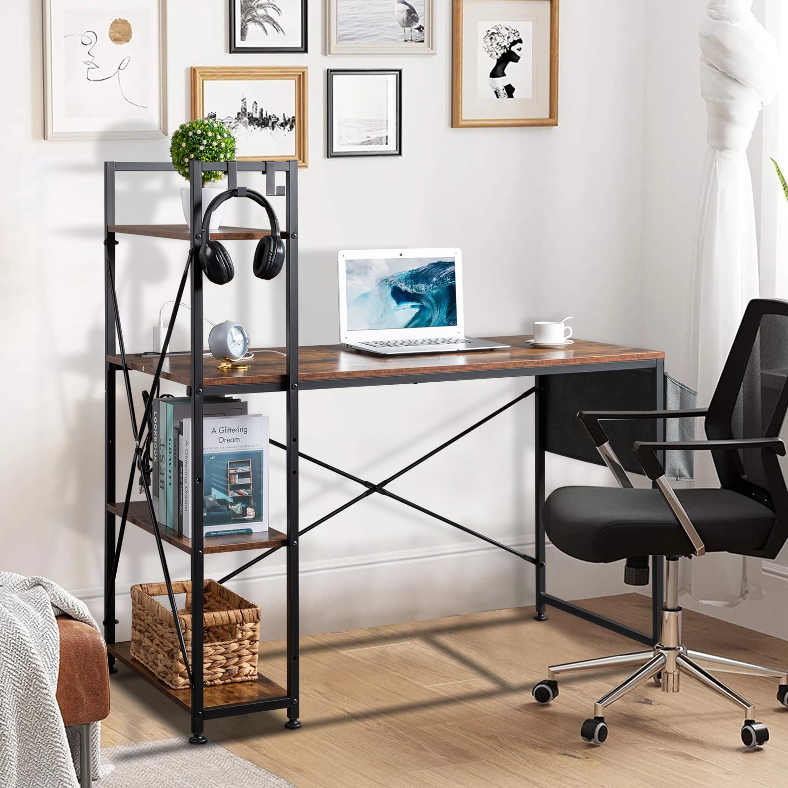 Kadyn Computer Desk, Side Storage Desk with Non-woven Bag and USB Power Port, Durable Study Table for Home, Retro Color Kadyn Computer Desk, Side Storage Desk with Non-woven Bag and USB Power Port, Durable Study Table for Home, Retro Color