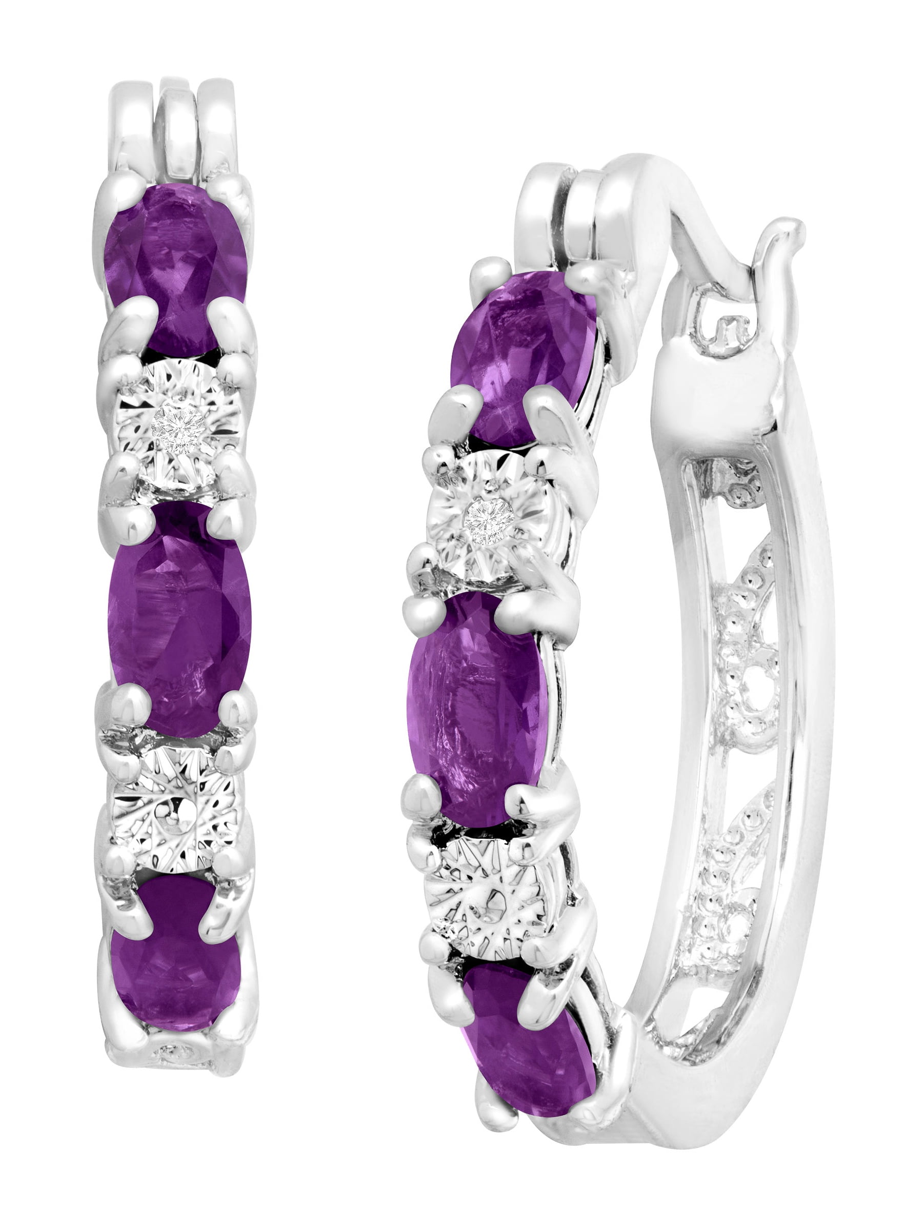 1 3/8 ct Natural Amethyst Hoop Earrings with Diamond Accents in Platinum-Plated Brass