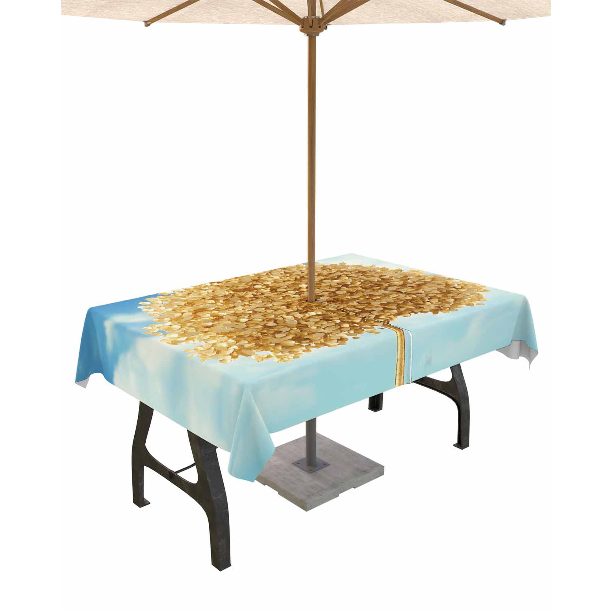 nqOlkjepod Yellow Tree Leaves Outdoor Tablecloth with Umbrella Hole & Zipper Gradient Blue Sky Retro Watercolor Rectangle Table Cover 54x80 Inch Dining Waterproof Table Cloth Protector for Patio