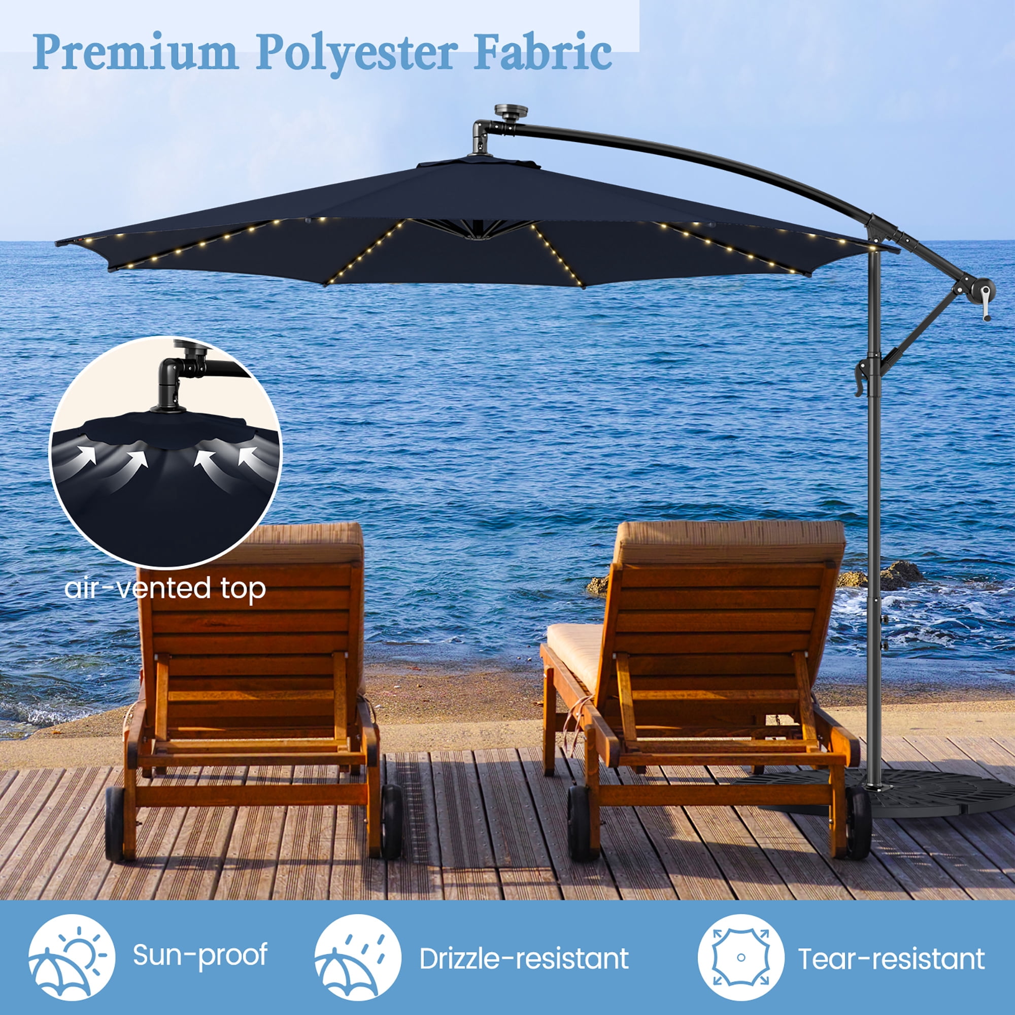 Gymax 10 FT Offset Patio Umbrella Solar Powered Cantilever Umbrella w/ 112 LED Lights Navy
