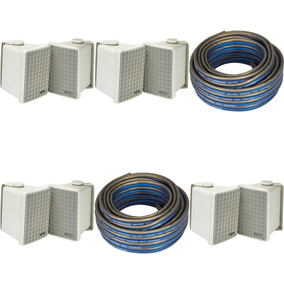 Kicker (4 Pair ) KB6B 2-Way Full Range Indoor Outdoor Speakers (Pair) Weatherproof Speakers for Patio Garage Poolside in-Home, Gray & 40ft Speaker Wire Bundle