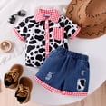thumbnail image 2 of Utlike Girls Outfit Denim Shorts Sets Summer Fashion Plaid Cow Short Sleeved Top Patchwork Denim Shorts Suit Size 4 Years-5 Years, 2 of 9
