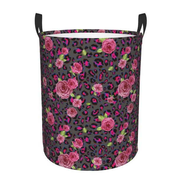 Balery Rose Mix Leopard 2 Cesta de ropa redonda con asas, impermeable, independiente, para ropa, juguetes, dormitorio y familia-Small