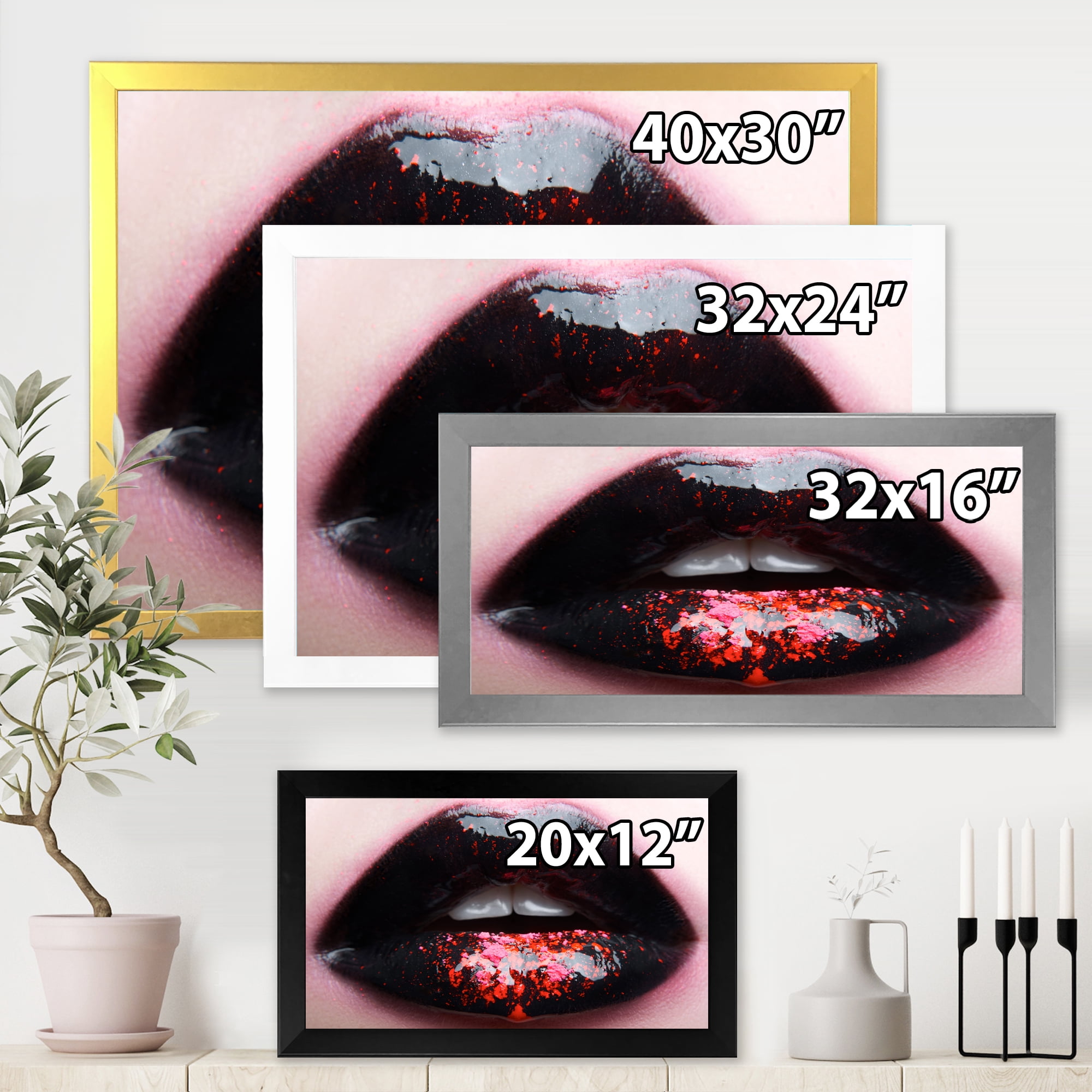 Designart 'Plump Woman Lips With Pink and Black' Modern Framed Art Print