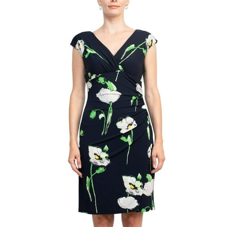 Catherine Malandrino V-Neck Sleeveless Gathered Side Floral Print Jersey Dress-NAVY FLORAL / 4