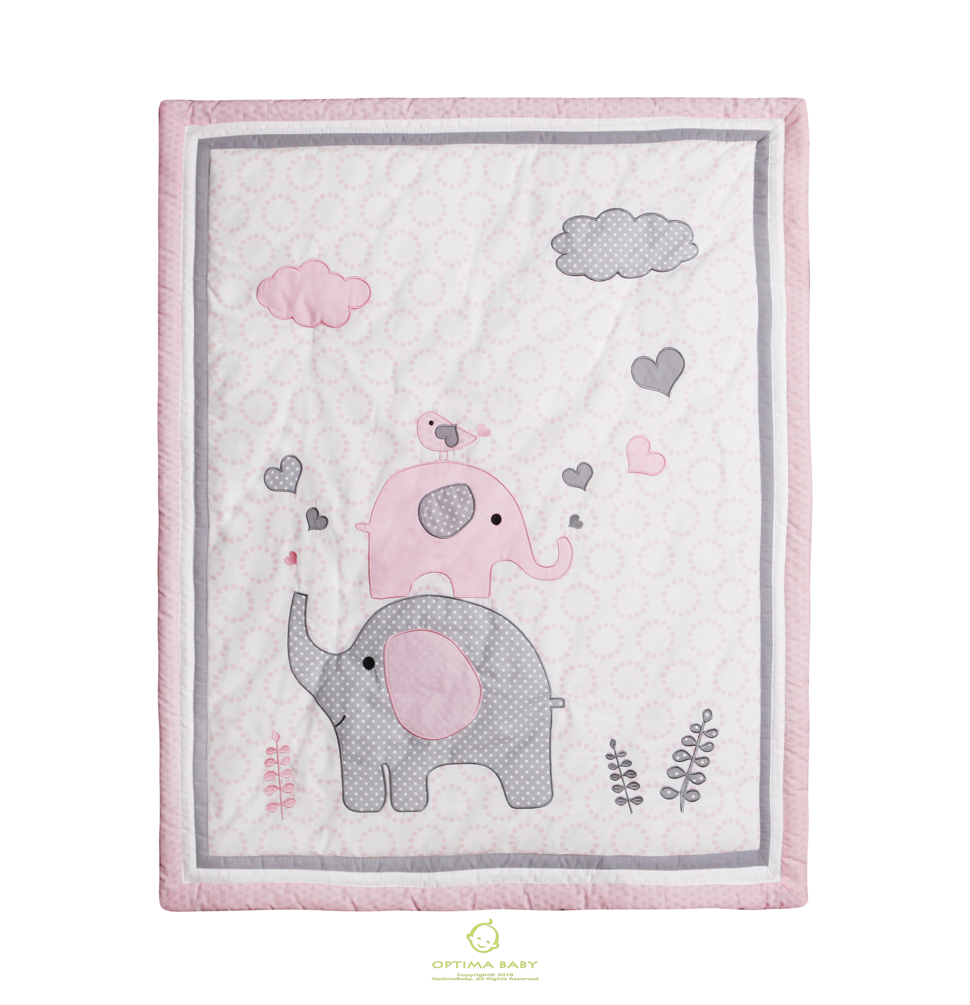 Bumperless 5 Pieces OptimaBaby Pink Grey Elephant Baby Nursery Crib Bedding Set 