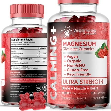 Magnesium Glycinate Gummies - 1000 mg - Magnesium Supplement to Support Relaxation, Stress Relief, Heart Health - Chewable Magnesium Gummies for Adults - Strawberry Flavor