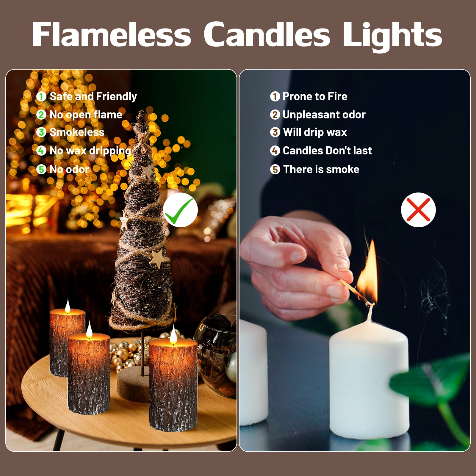 Flameless Candles Lights, Set of 2 6"x3" Pine Bark Flickering LED Candles with Remote & Timer, Dimmable Pillar Candles Battery Operated, Real Wax Electric Candles for Christmas Winter Home Decor