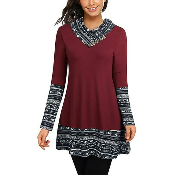 Uhndy Womens Casual T-Shirt Long Sleeve Button Cowl Neck Tunic Sweatshirt Winter Fall Plaid Long Tops Blouse Winered L
