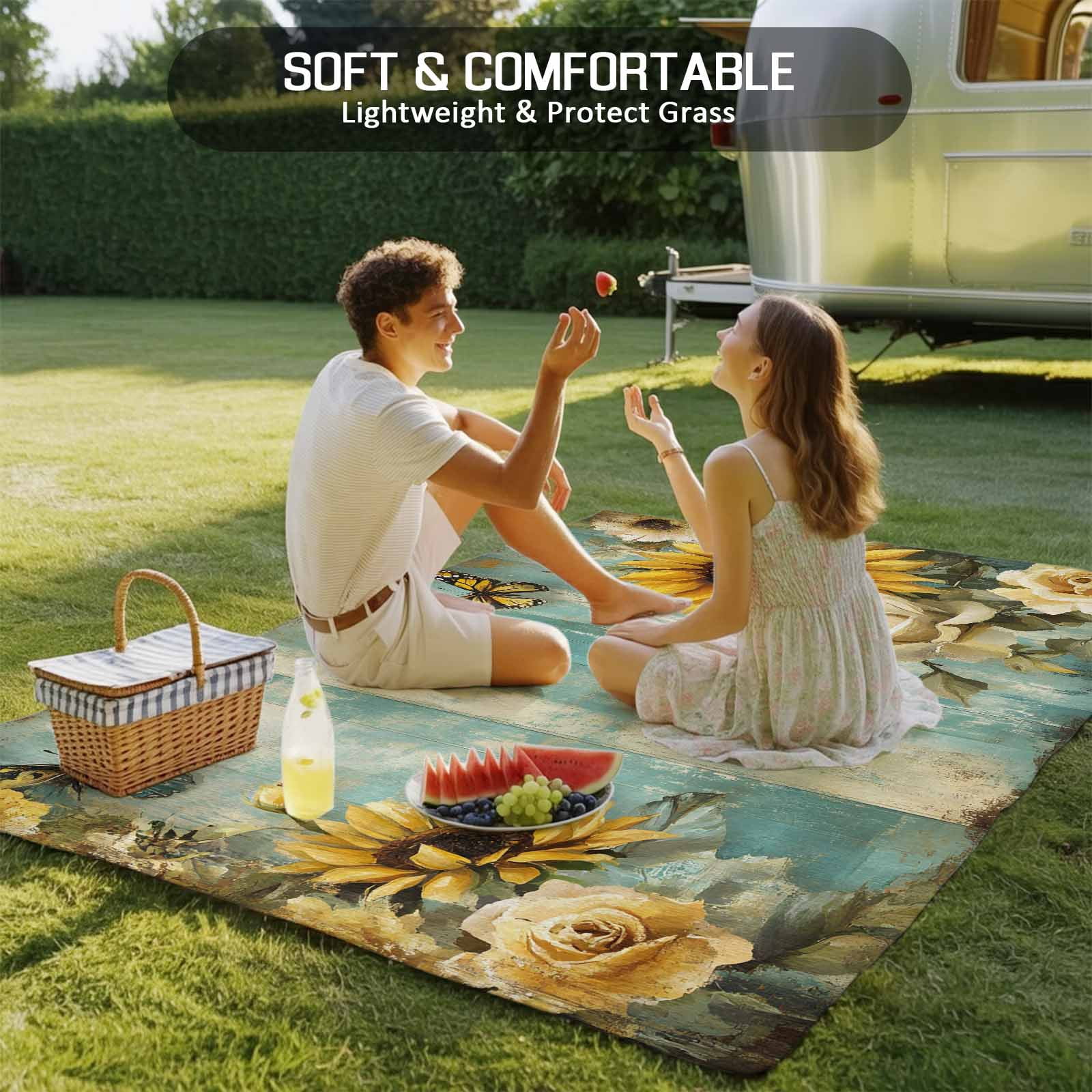 5' x 8' Outdoor Rug, Spring Sunflower Rose Outdoor Washable Rug Large Floor Carpet, Butterfly Teal Wood Vintage Non Shedding Area Rug for Outside Patio RV Porch Deck Balcony Camping Living Room