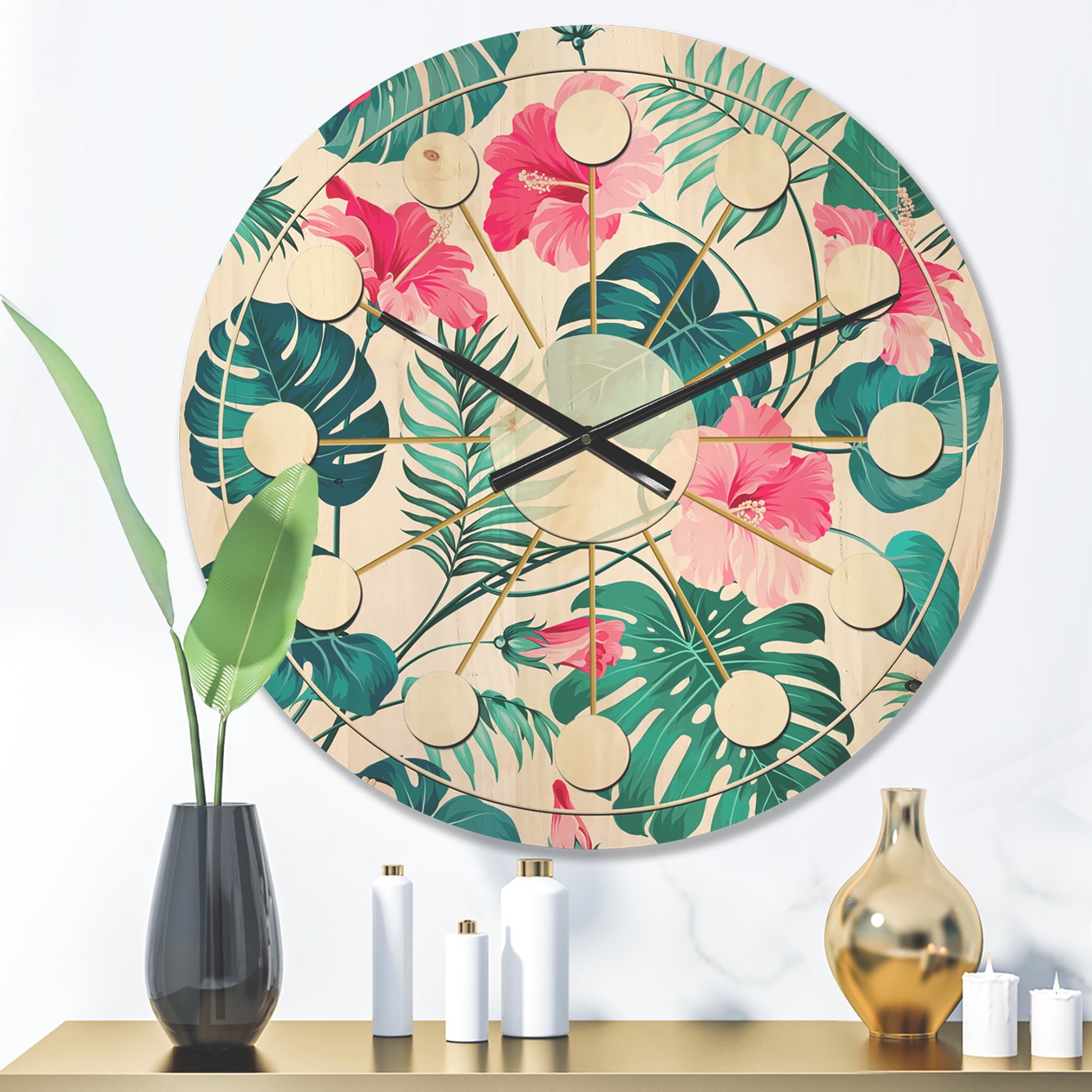 Designart 'Flowers and Tropical Botanicals I' Mid-Century Modern Wood Wall Clock